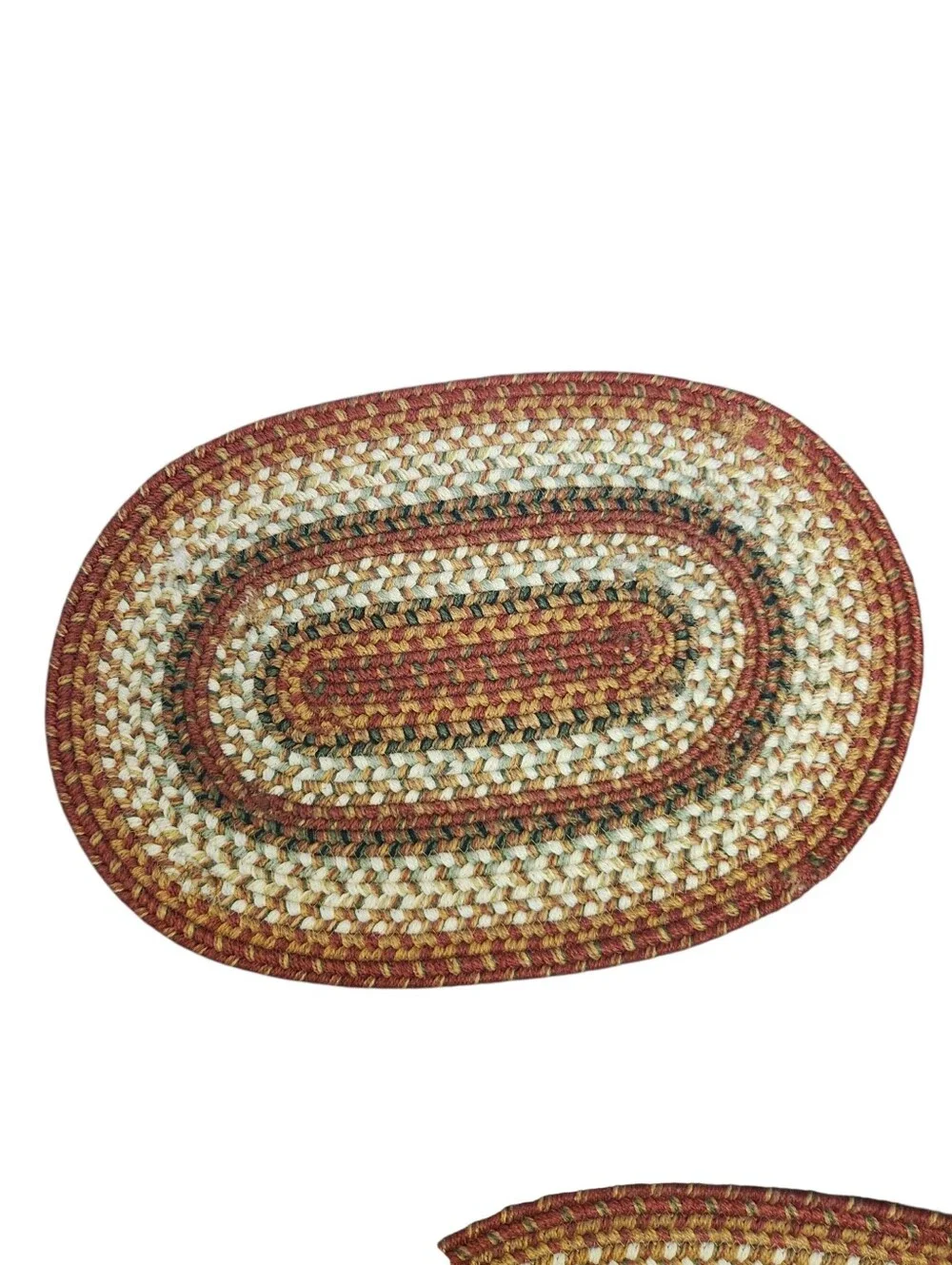 2 Vintage Oval Braided Rugs 19x13 Farmhouse Orange Green Placemats Cottagecore